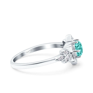 Halo Cluster Floral Wedding Ring Round Simulated Paraiba Tourmaline CZ 925 Sterling Silver